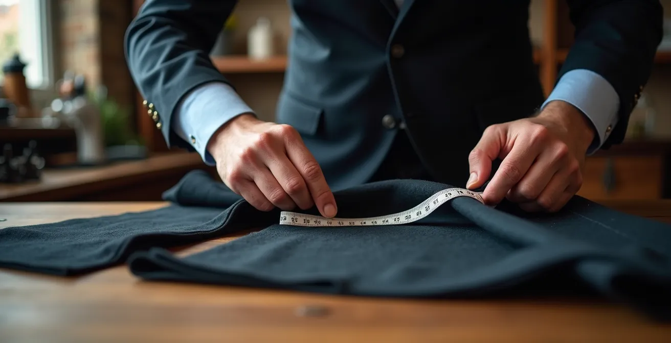 Änderungsschneider bei der Arbeit mit Maßband und hochwertigem Anzug