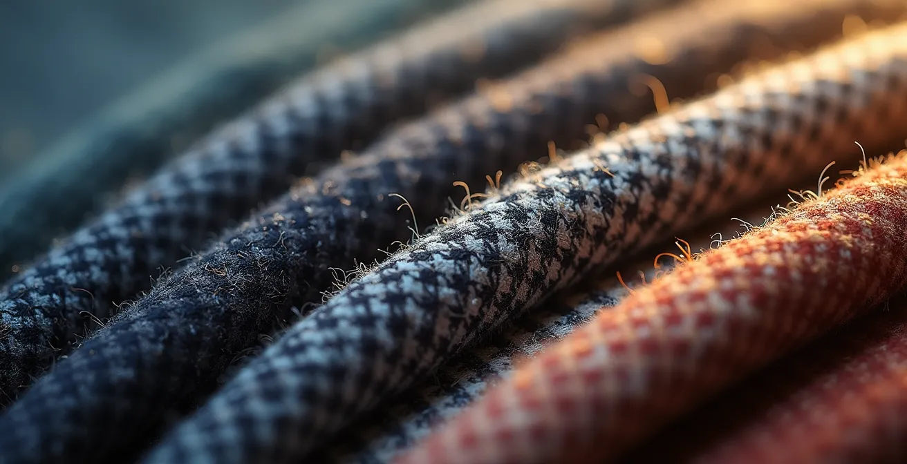 Makroaufnahme verschiedener Anzugstoffe mit unterschiedlichen Super-Zahlen und Webarten