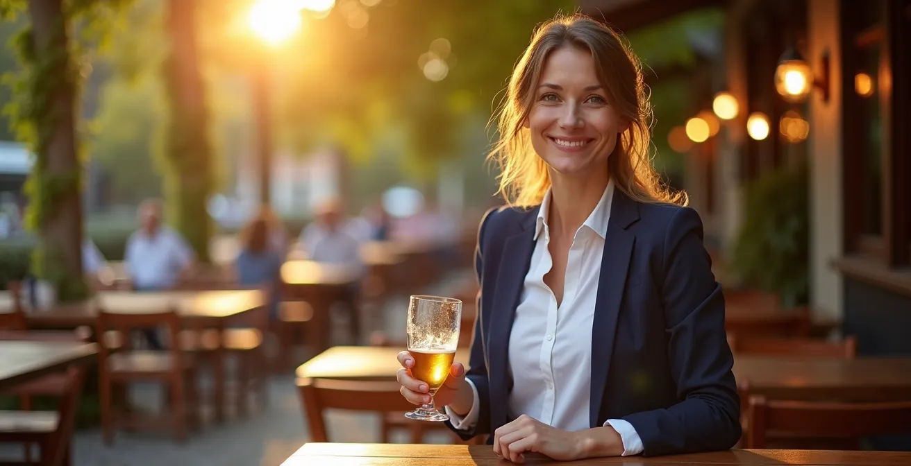 Frau im eleganten Blazer in entspanntem Biergarten-Ambiente