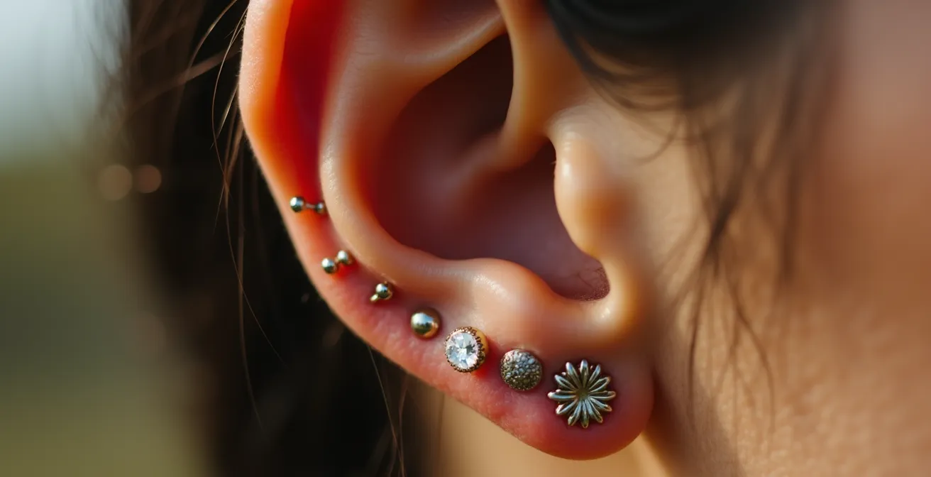 Detailaufnahme eines stilvoll kuratierten Ohrs mit einer Kombination aus kleinen Steckern, Ringen und einem Ear Cuff.