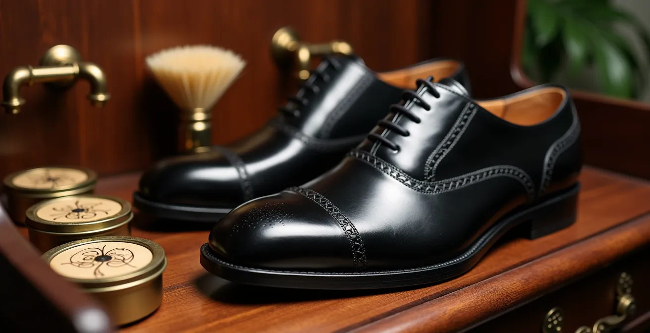 Gepflegte Business-Schuhe mit Pflegeutensilien auf deutschem Eichenholz