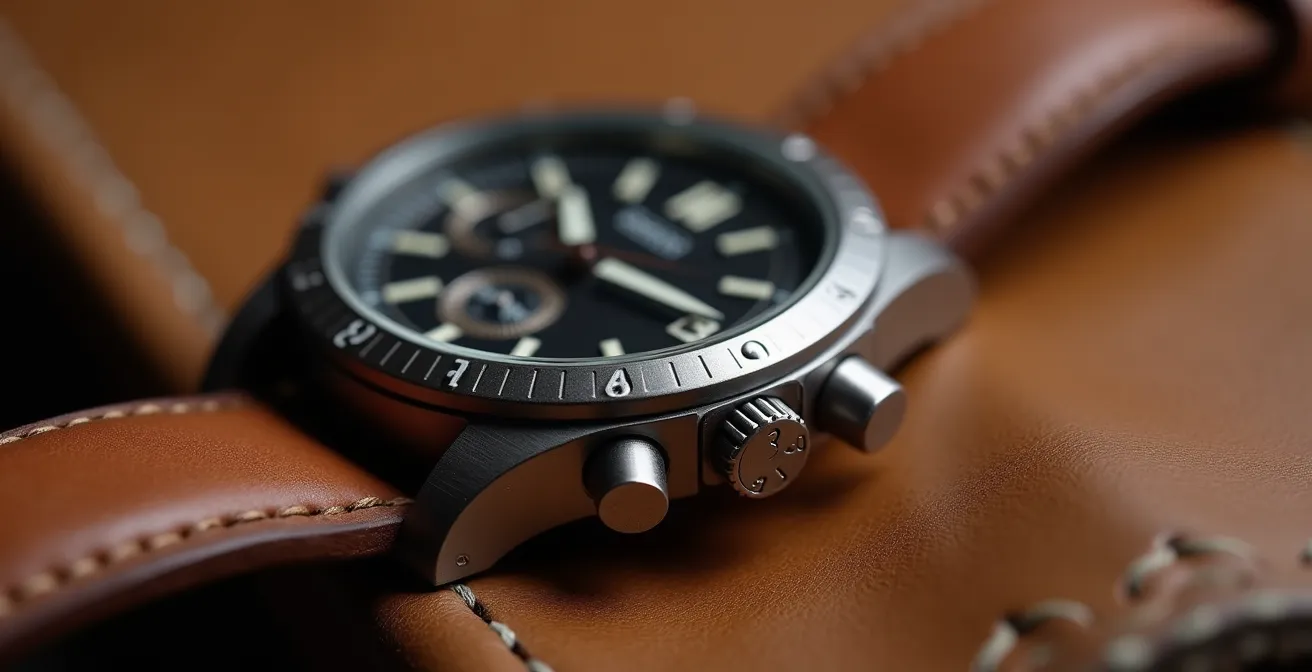 Detailaufnahme deutscher Handwerkskunst in Accessoires, die die Textur von Leder und Metall zeigt.