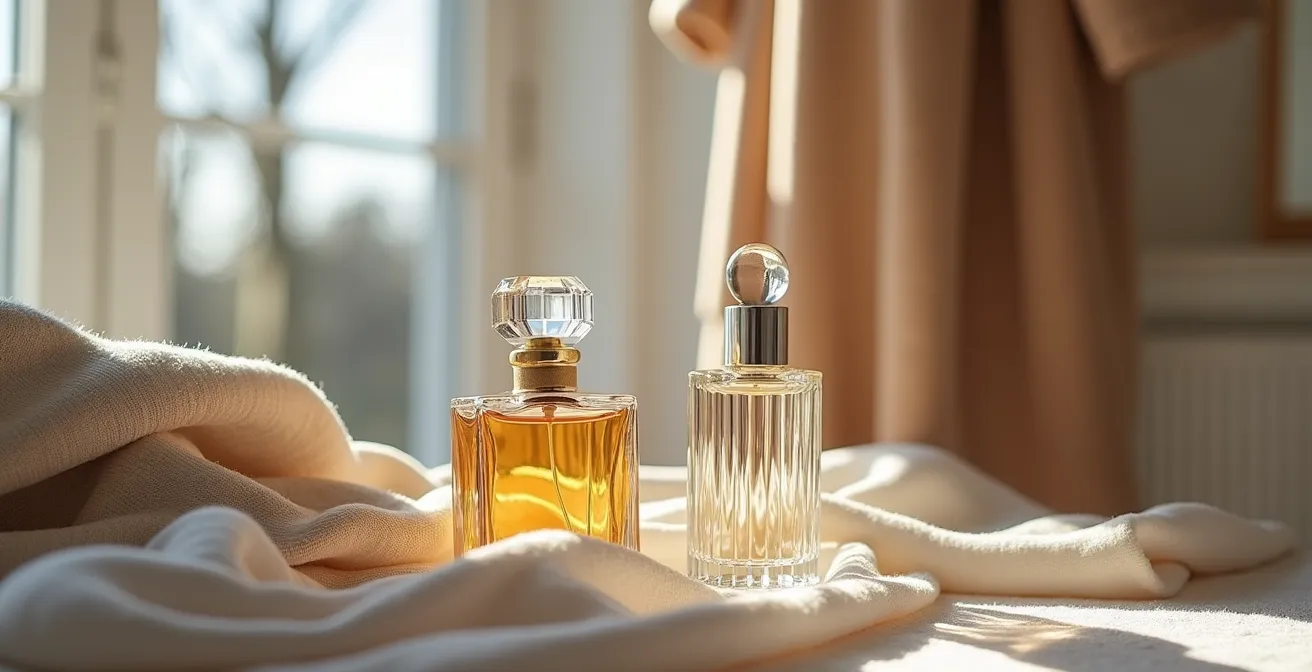 Stilvolle Anordnung von Kleidungsstücken und abstrakten Duftformen