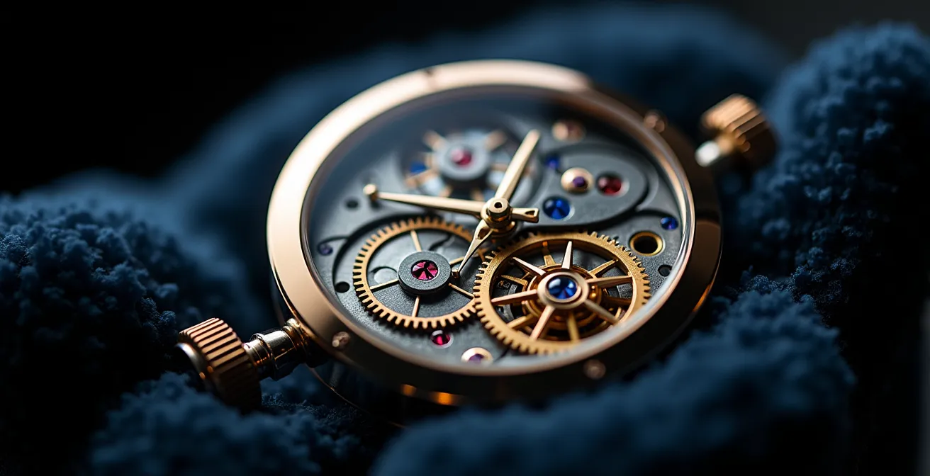 Nahaufnahme eines deutschen Uhrwerks aus Glashütte mit sichtbaren Zahnrädern und blauen Schrauben