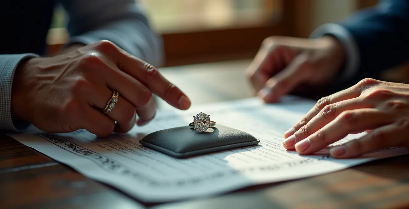 Goldschmiedemeister erklärt einem Kunden das Diamant-Zertifikat