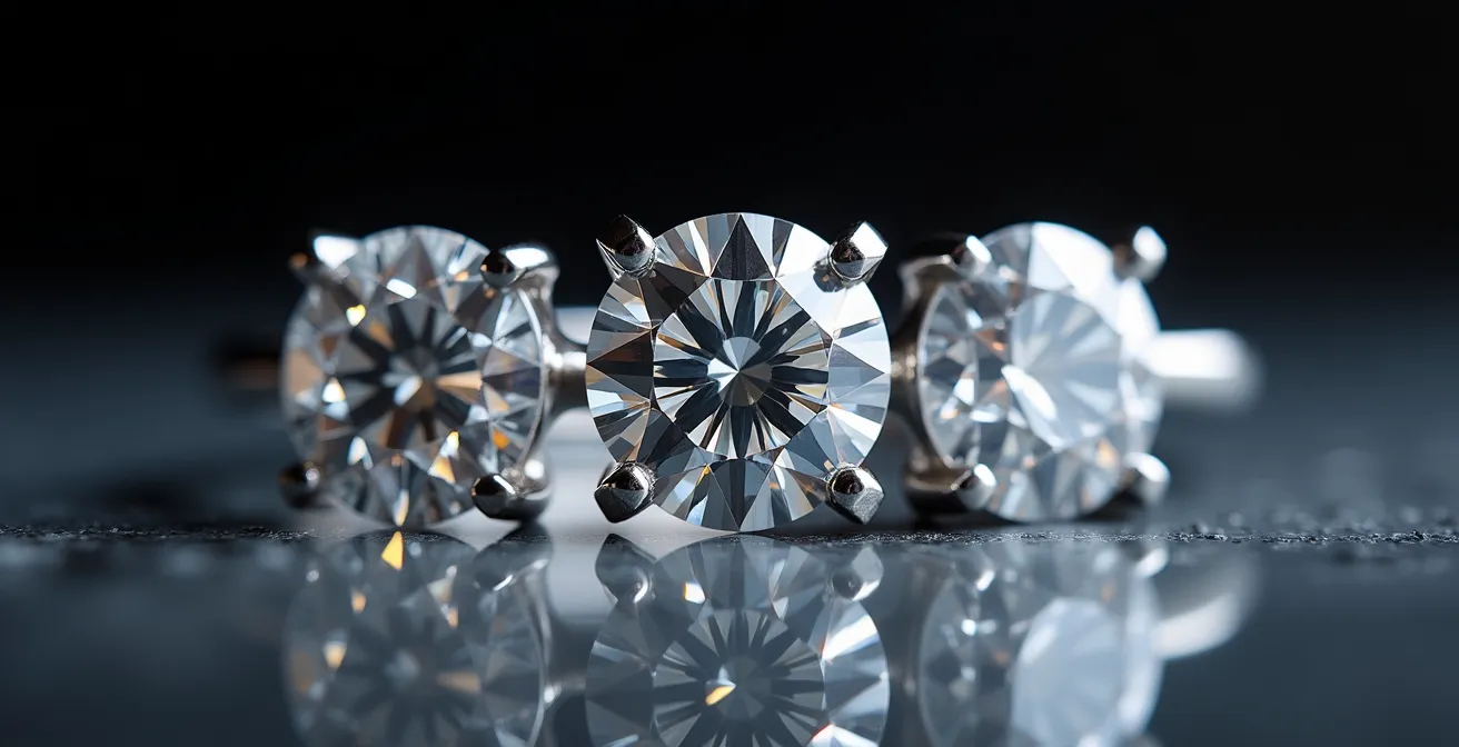 Makroaufnahme einer perfekten Krappenfassung mit Lichtreflexionen zwischen den Diamanten