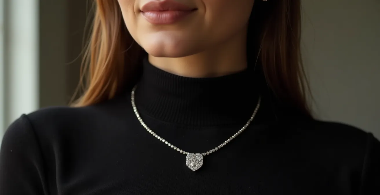 Elegante Diamanthalskette auf schwarzem Rollkragenpullover getragen