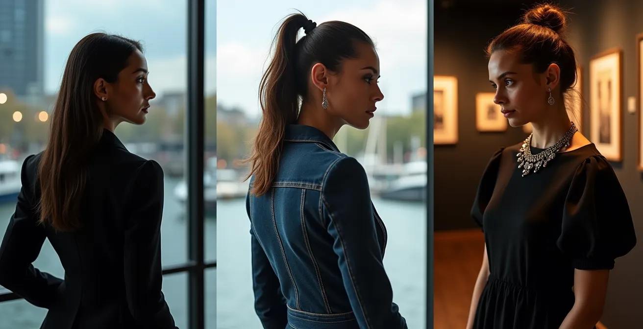 Eine Collage aus drei verschiedenen Stylings eines schwarzen Kleides, die Business, Lässigkeit und Abend-Eleganz repräsentieren.