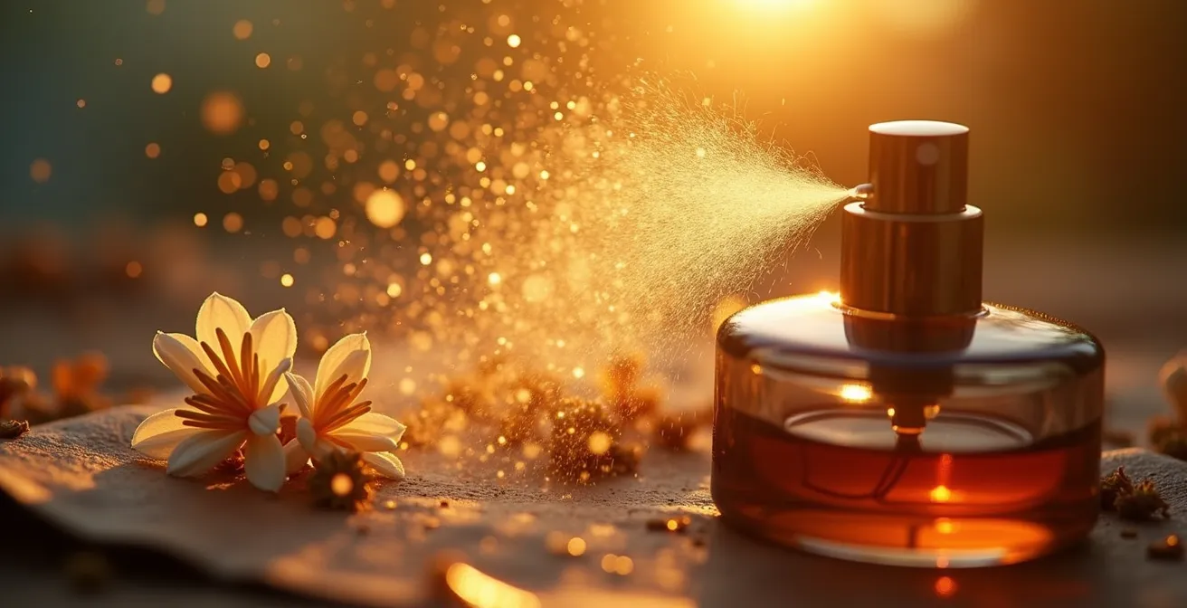 Makroaufnahme von Parfumflakon mit natürlichen Elementen, die Erinnerungen symbolisieren