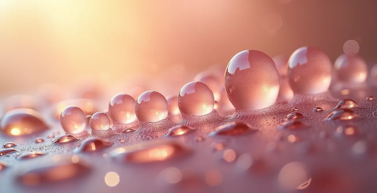 Makroaufnahme von Parfümtropfen auf Haut im Zeitverlauf