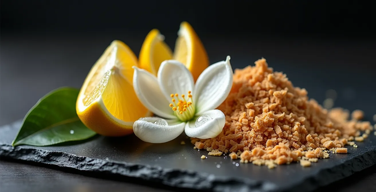 Makroaufnahme von Bergamotte-Schale, Jasminblüten und Sandelholzspänen