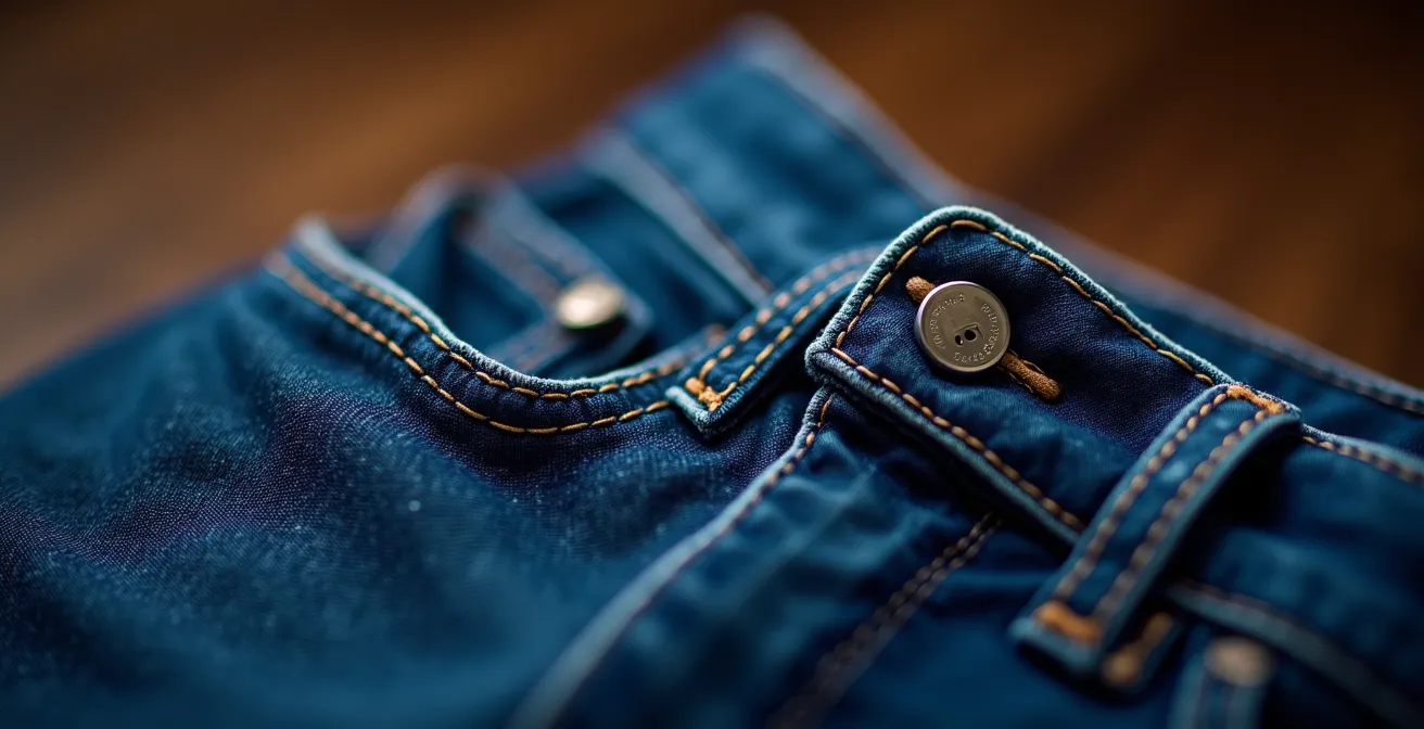 Makroaufnahme einer hochwertigen dunkelblauen Raw-Denim Business-Jeans