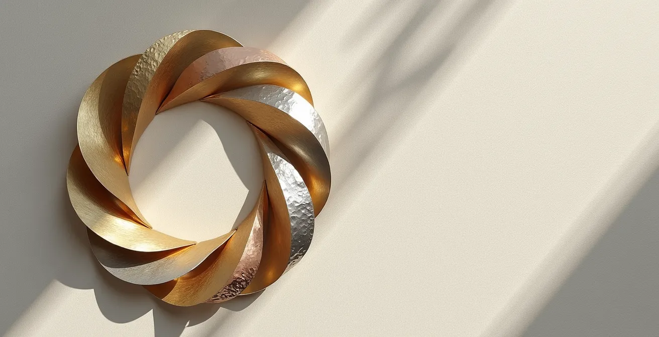 Harmonische Kombination verschiedener Edelmetalle wie Gold, Silber und Roségold in einem Schmuck-Arrangement.