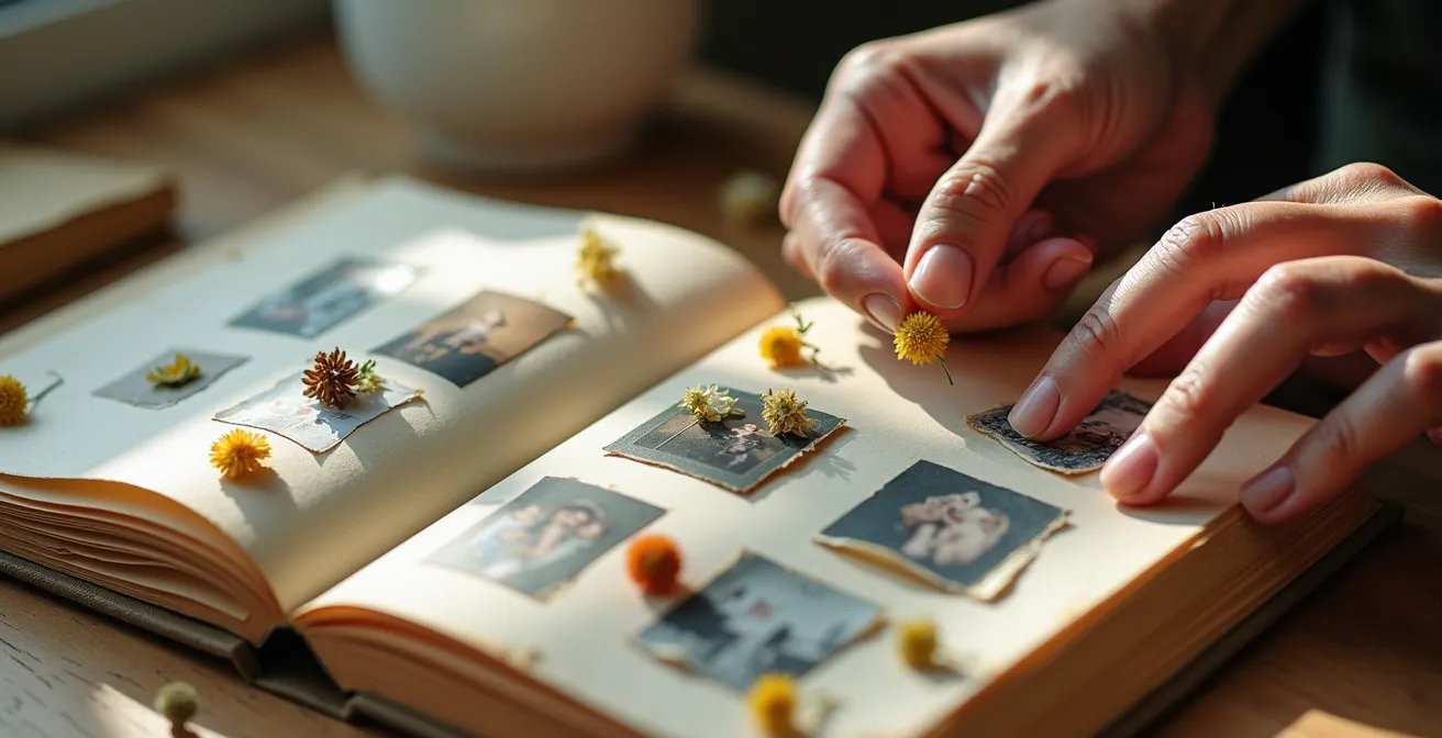 Nahaufnahme von Händen, die ein handgefertigtes Fotoalbum mit persönlichen Erinnerungen gestalten