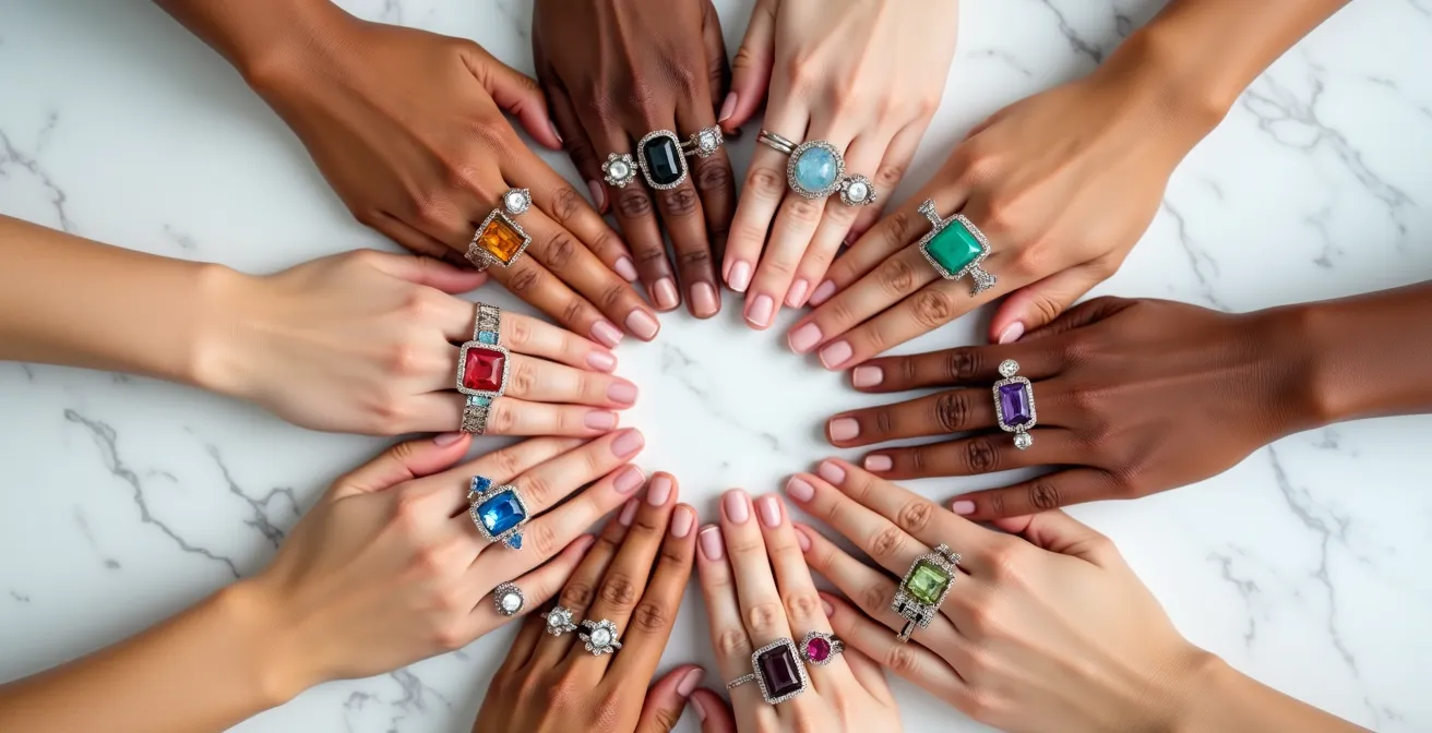 Verschiedene Farbedelsteine auf unterschiedlichen Hauttönen im natürlichen Licht