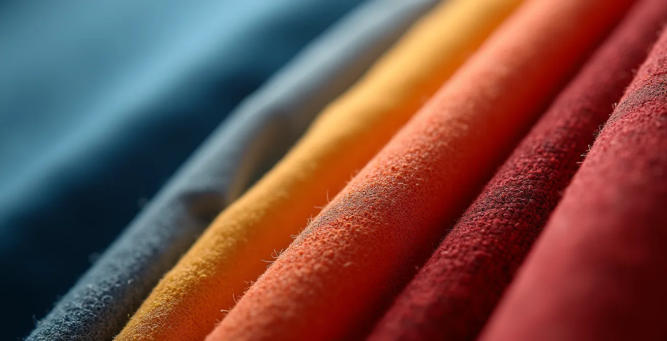 Makroaufnahme verschiedener Stofftexturen in emotionalen Farbtönen