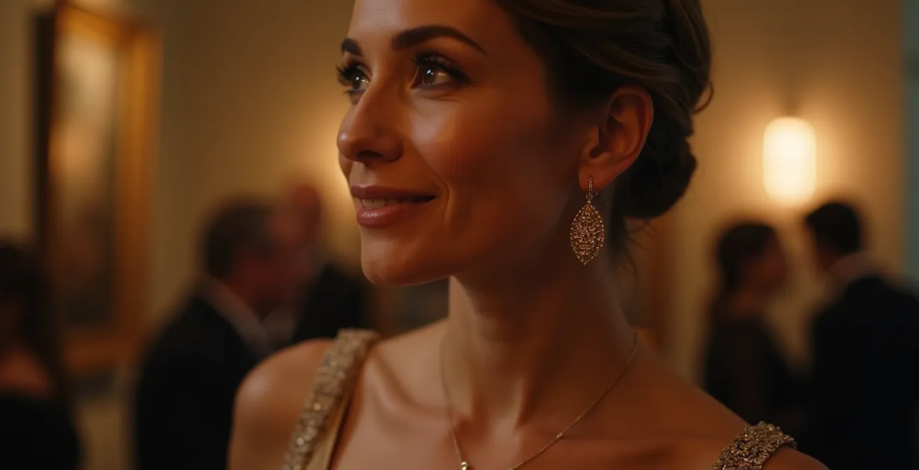 Frau trägt filigranen Goldschmuck bei elegantem Kulturereignis