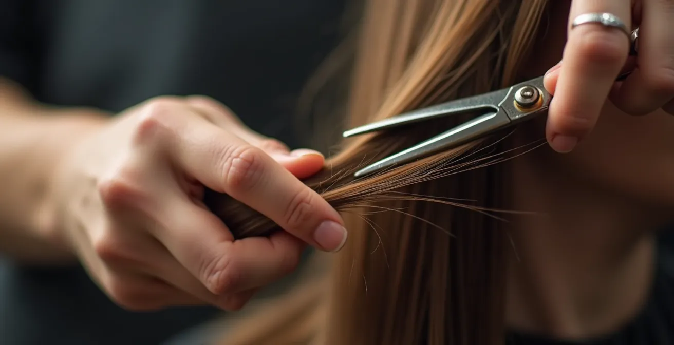 Detailaufnahme einer Friseurberatung mit Händen und Haarsträhnen