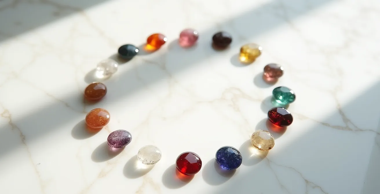 Kreisförmige Anordnung von zwölf verschiedenfarbigen Geburtssteinen mit natürlichem Lichtspiel