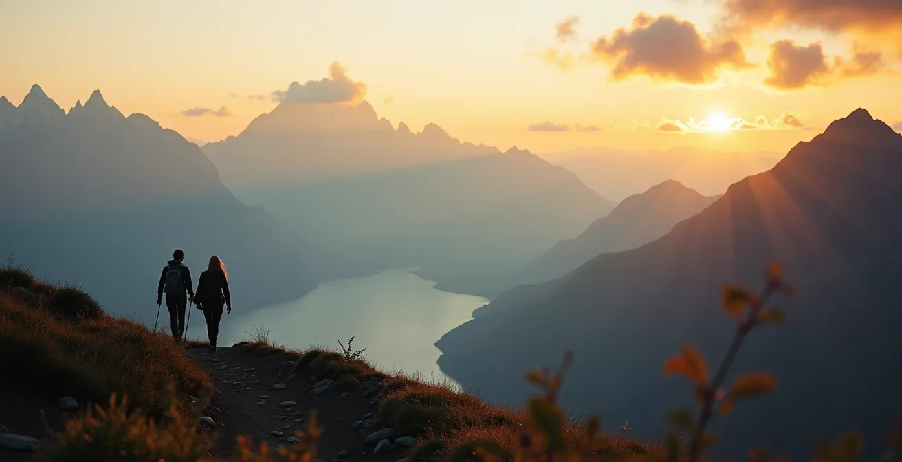 Weitwinkelaufnahme eines Paares beim Wandern in den deutschen Alpen bei goldenem Abendlicht