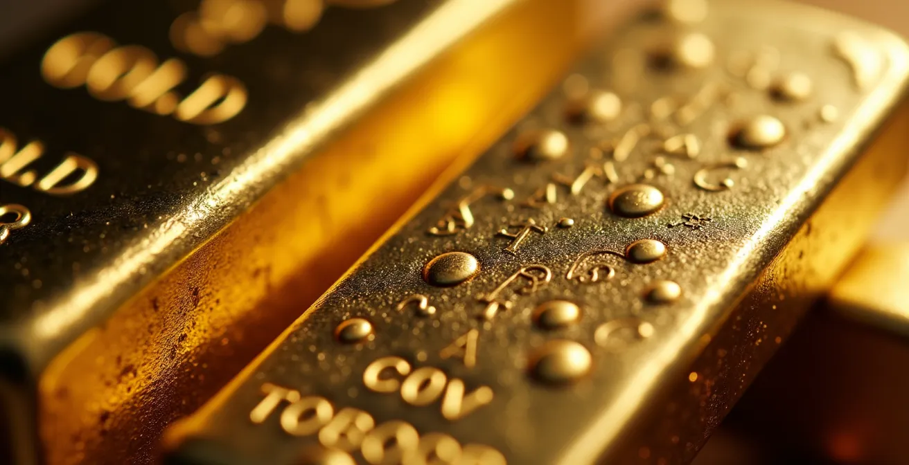 Goldbarren und Schmuckstücke mit verschwommenen Kurscharts im Hintergrund