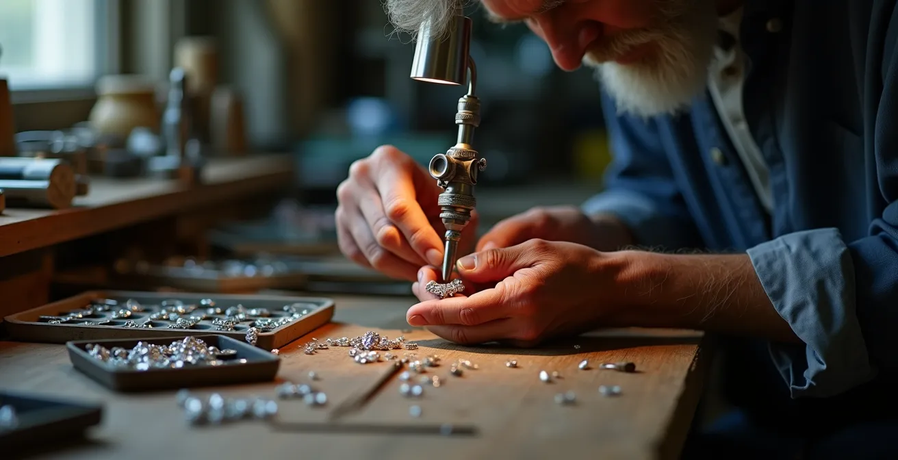 Goldschmied bei der präzisen Arbeit des Diamantenersatzes mit Lupenvergrößerung