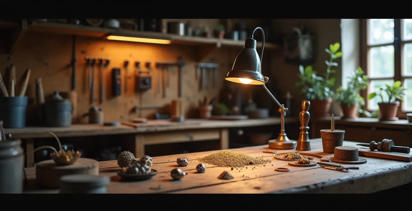 Detailaufnahme einer Goldschmiedewerkstatt bei der Fassungsarbeit