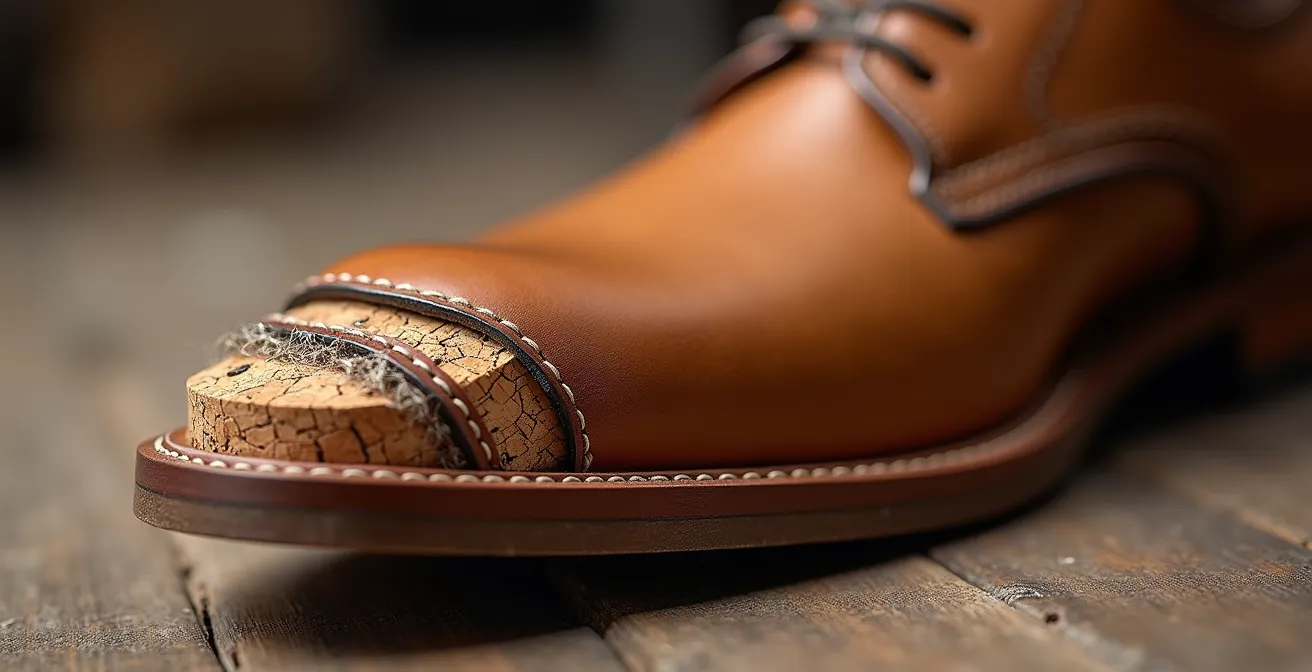 Makroaufnahme einer rahmengenähten Ledersohle mit sichtbarer Naht, die die handwerkliche Qualität zeigt.
