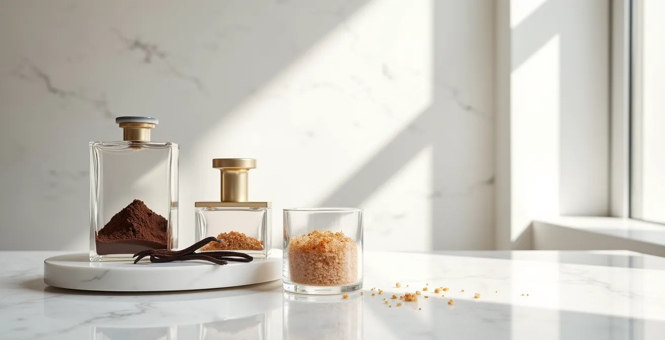 Eine minimalistische Darstellung von Gourmand-Noten wie Kakaopulver und Vanilleschoten, die an die Ästhetik moderner deutscher Patisserie erinnert.