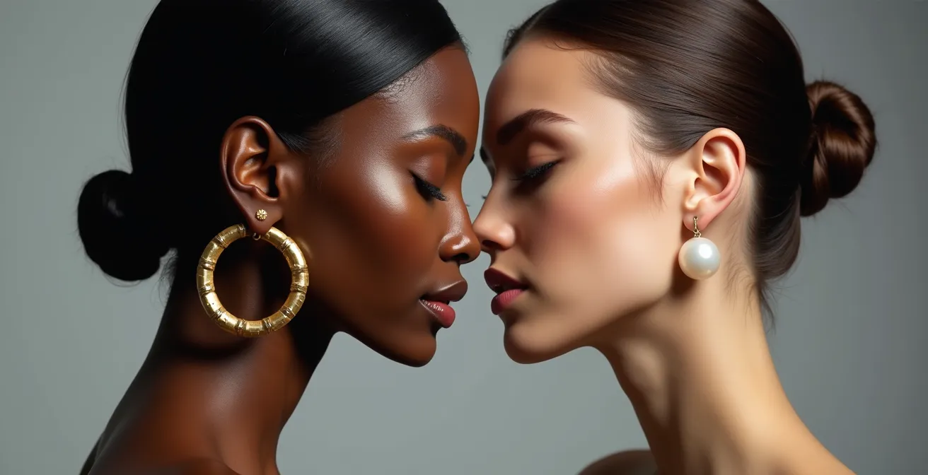 Visueller Vergleich zwischen einer Frau mit großen, selbstbewussten Creolen und einer Frau mit dezenten, eleganten Ohrsteckern.