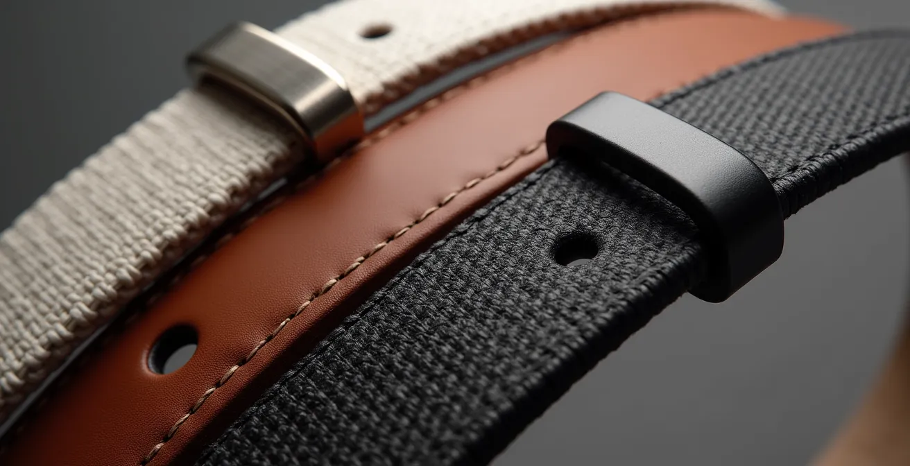 Makroaufnahme verschiedener Gürtelmaterialien und Schnallen