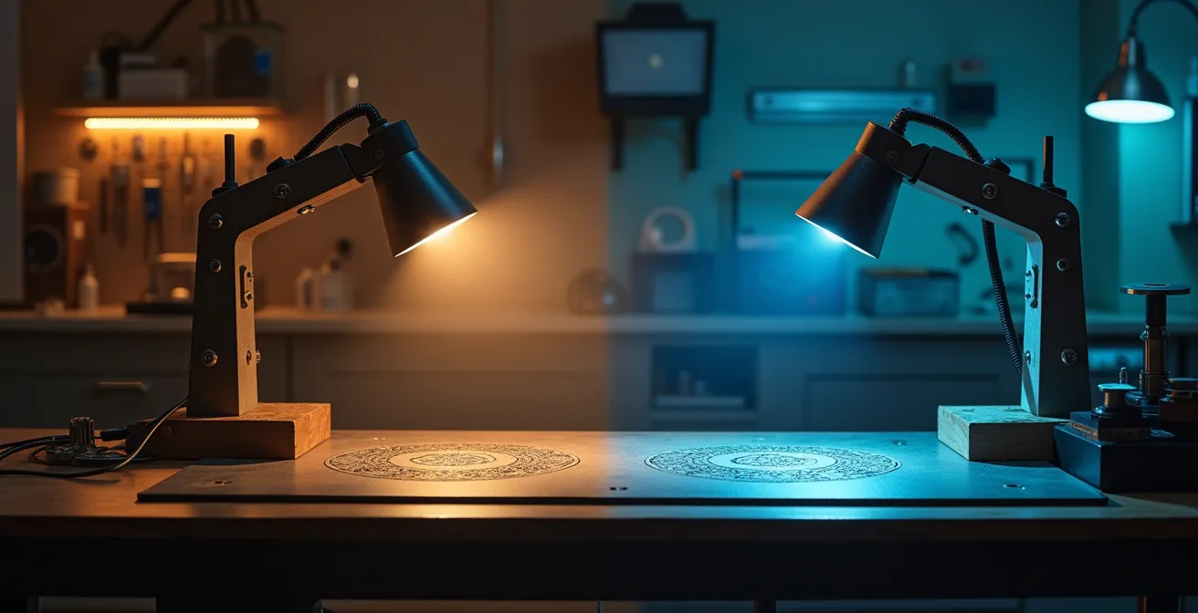 Splitscreen-Darstellung von Handgravur und Lasergravur Techniken