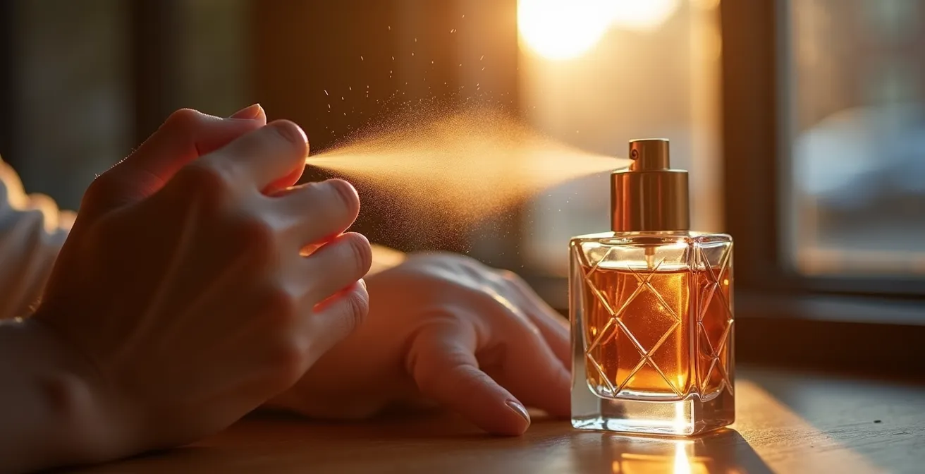 Nahaufnahme einer Hand, die Parfum auf das Handgelenk sprüht mit sichtbaren Duftpartikeln
