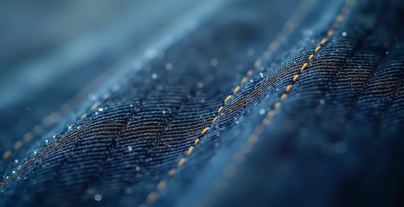 Extreme Nahaufnahme von hochwertigem Denim-Stoff, die die komplexe Webstruktur und Textur zeigt