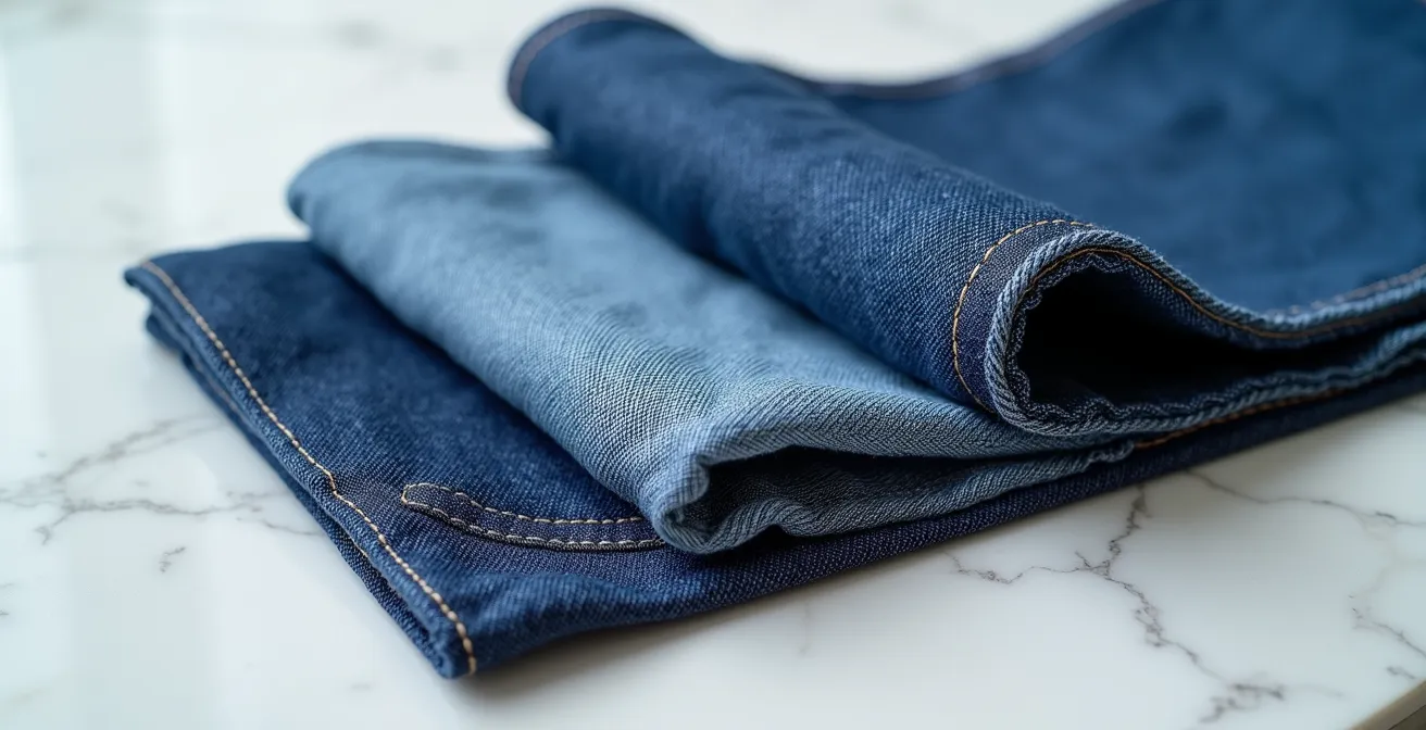 Detailaufnahme verschiedener Jeans-Waschungen für das Büro