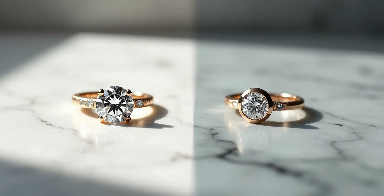 Vergleichsaufnahme von Krappen- und Zargenfassung bei Diamantringen