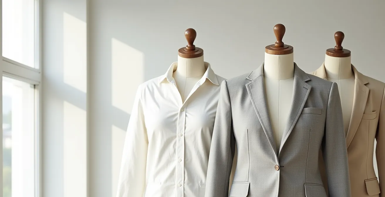 Drei verschiedene Sommerstoffe im natürlichen Licht, die die Texturen von Leinen, Baumwolle und Wolle zeigen