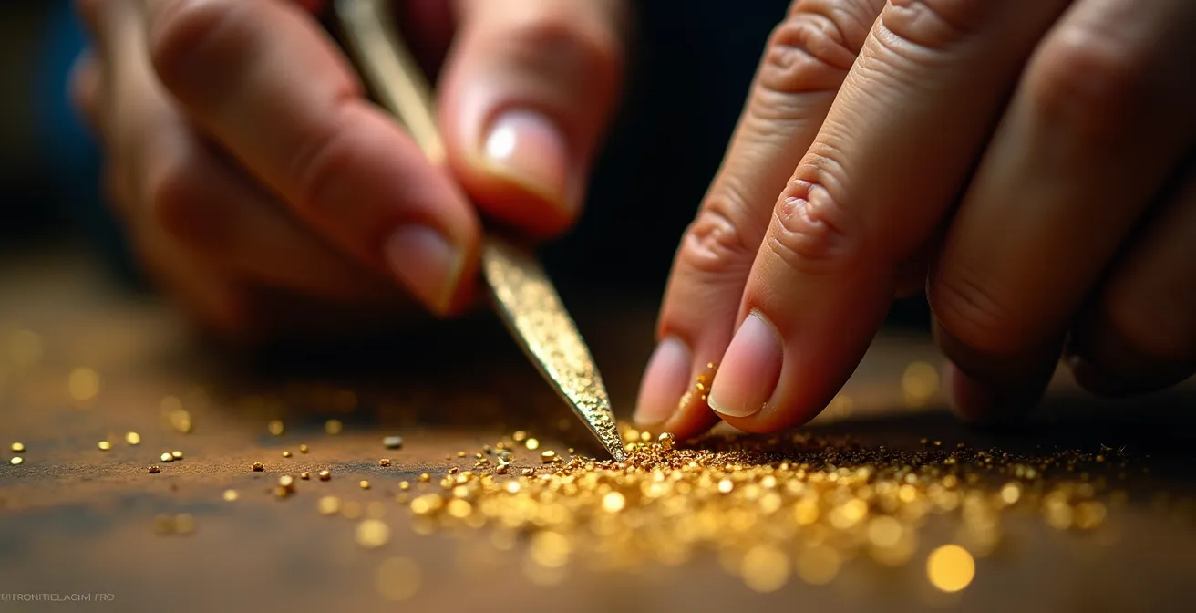 Nahaufnahme von Goldschmiedehandwerk mit traditionellen Werkzeugen, die den Kontrast zur Massenproduktion darstellt