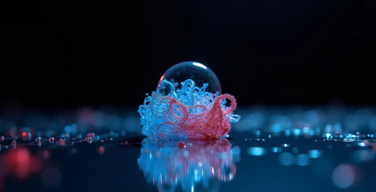 Mikroskopische Aufnahme von Kunstfasern im Wasser, die die Umweltbelastung durch Mikroplastik symbolisiert