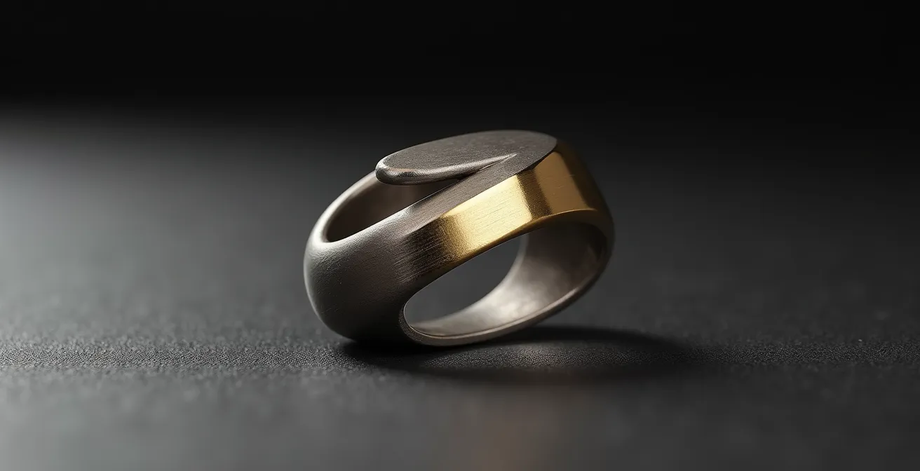 Makroaufnahme eines minimalistischen Statement-Rings mit Bauhaus-inspirierten geometrischen Formen