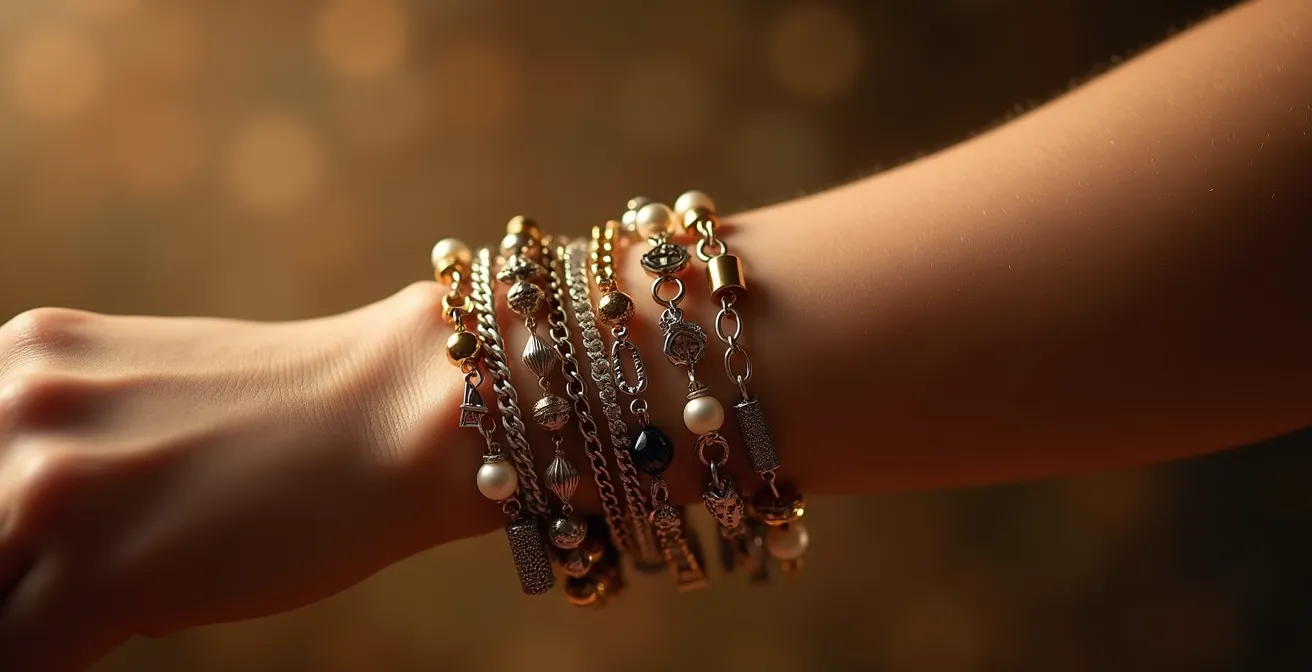 Modernes Bettelarmband mit verschiedenen personalisierten Charms, das eine Familiengeschichte am Handgelenk erzählt.