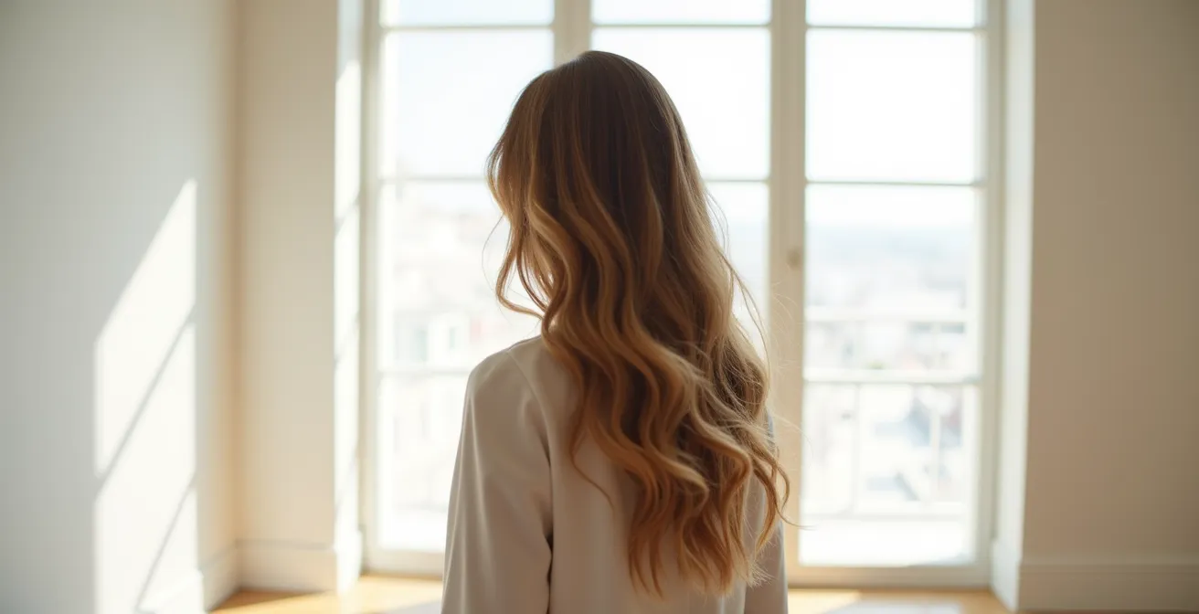 Frau mit modernem Stufenschnitt zeigt natürliche Haarbewegung