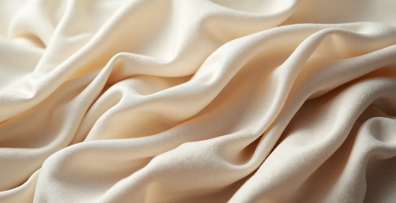 Detailaufnahme verschiedener monochromer Texturen in Beige - Wolle, Seide und Leinen