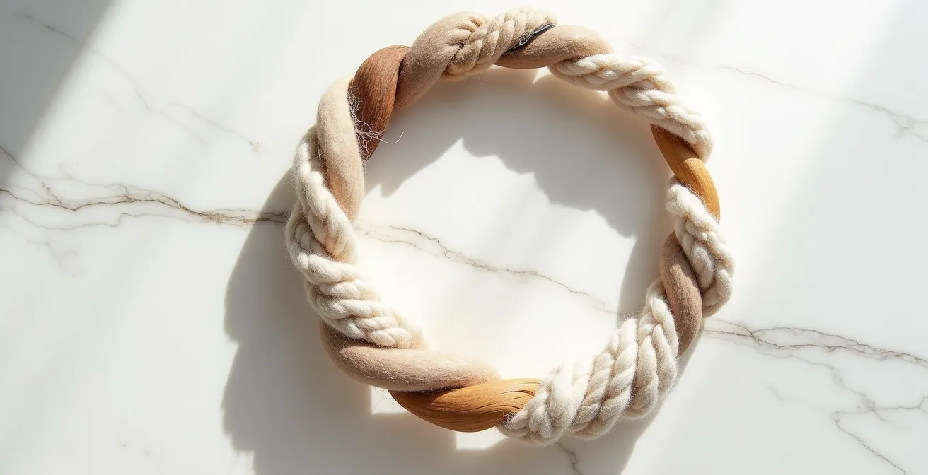 Symbolische Darstellung nachhaltiger Luxuskonzepte in einer kreisförmigen Anordnung von Rohstoffen wie Wolle, Seide und Holz.