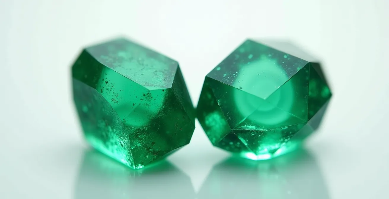 Zwei identisch aussehende Smaragde nebeneinander auf neutralem Hintergrund