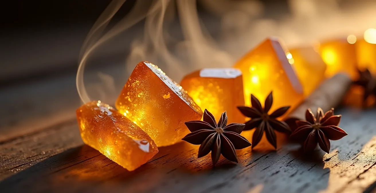 Nahaufnahme von Amber-Kristallen, Zimtstangen und Sternanis, die an die warmen Gewürze orientalischer Düfte und deutscher Weihnachtsmärkte erinnern