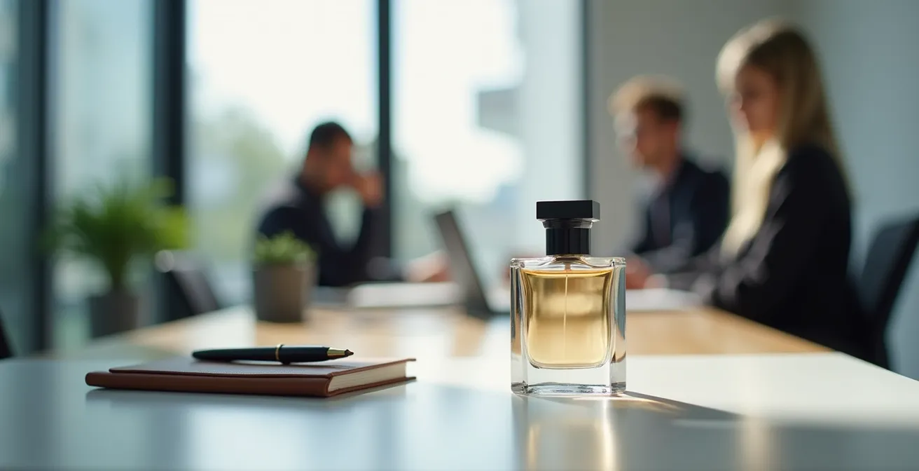Moderne Büroumgebung mit dezenter Parfumflasche auf einem Schreibtisch