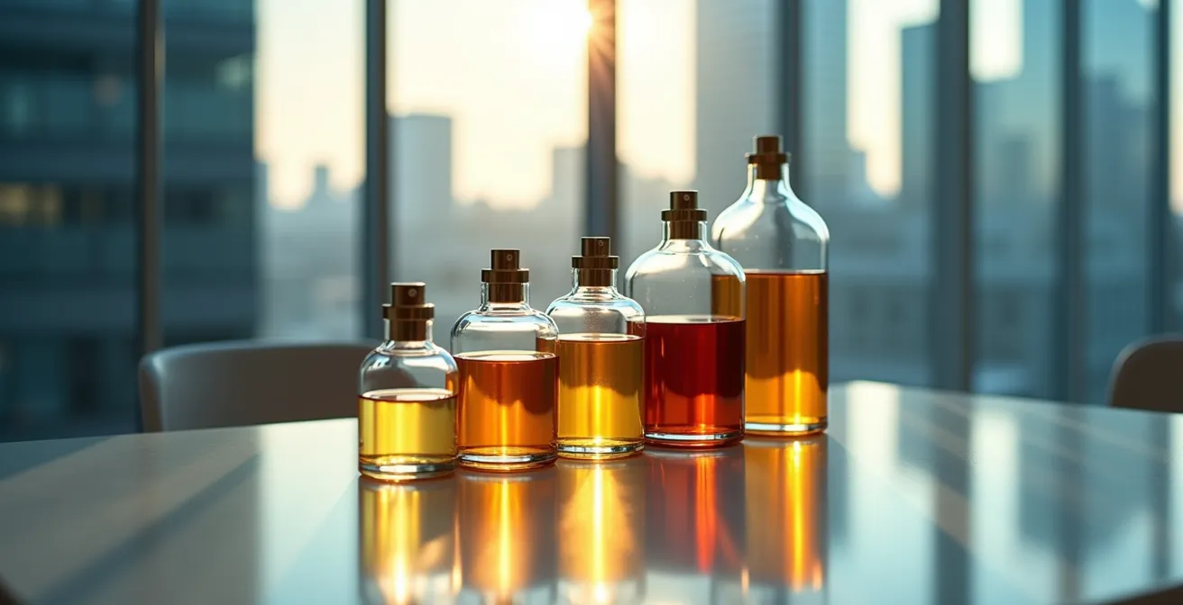 Minimalistische Darstellung verschiedener Parfümflakons in aufsteigender Größe