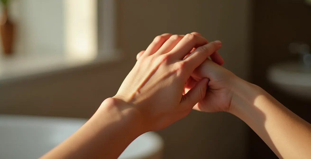 Nahaufnahme zweier Handgelenke ohne Reibung mit Parfumtropfen, die das Licht sanft reflektieren