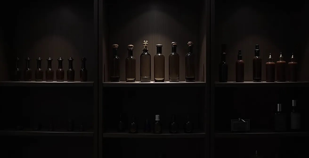 Eine Sammlung von Parfumflakons in einem dunklen, eleganten Schlafzimmerschrank, geschützt vor Licht und Wärme